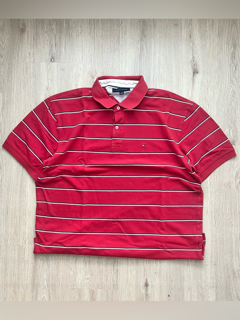 Tommy Hilfiger Polo Shirt Mens XXL Red White Striped Short Sleeve Cotton Preppy